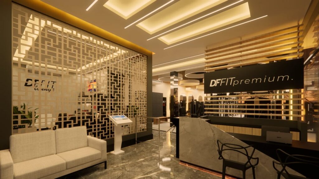 Recepção da DF Premium com balcão de mármore, painel vazado e lounge de espera