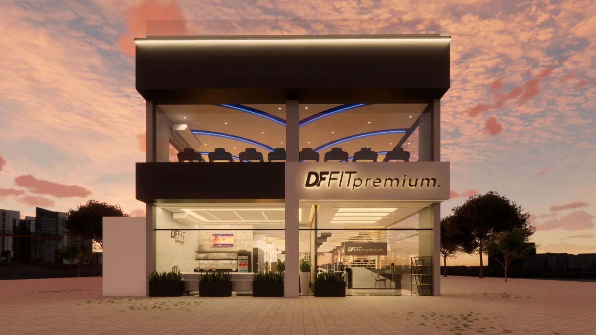 Fachada da academia DF Premium em Joinville ao entardecer, com dois pavimentos envidraçados e letreiro iluminado
