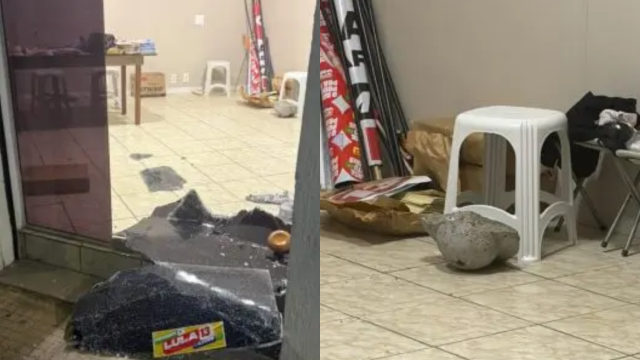 Homem arremessa pedra de 5 kg e destrói porta de comitê de Lula em Joinville